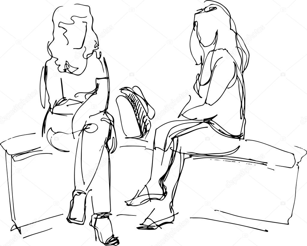 sketch of two friends sitting on bench 