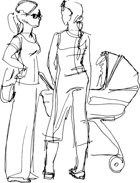 Молодая мать с коляской и подругой — стоковый вектор