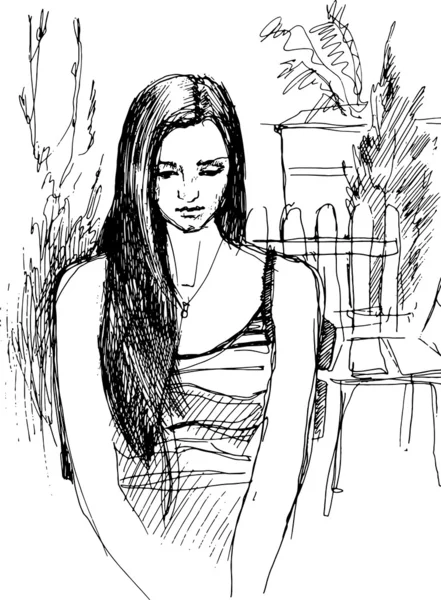 Croquis de fille marchant jardin — Image vectorielle