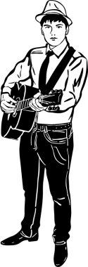 şapkalı bir gitar çalmaya bir genç adam