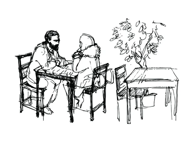 Un hombre con barba y una chica sentada en una mesa en un café — Vector de stock