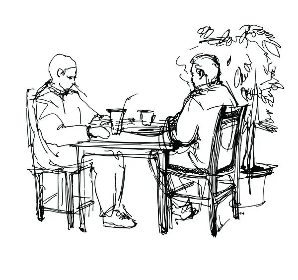 Sketch of two friends in a cafe at a table drinking tea coffee — Stock Vector