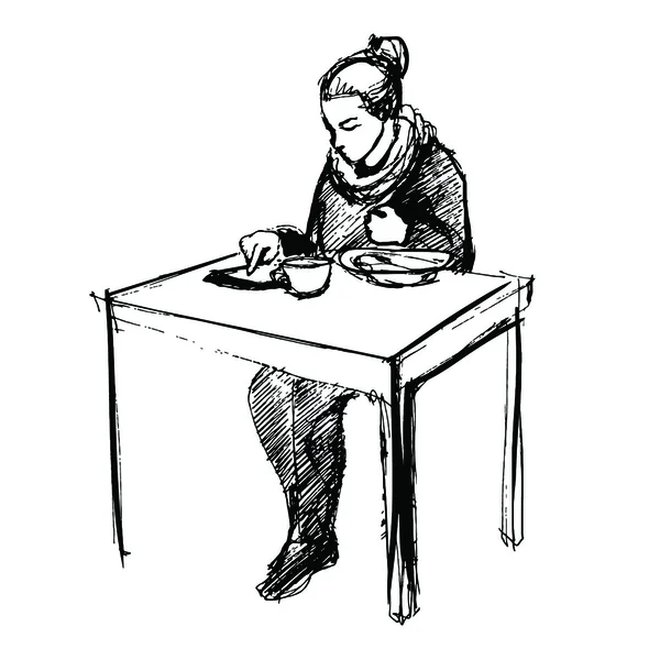 Kobieta przy użyciu komputera typu tablet i obiad — Wektor stockowy