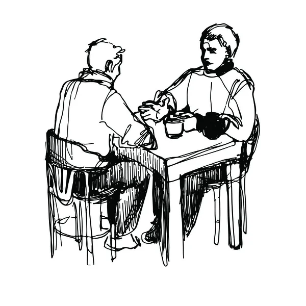 Un boceto de un hombre conversando durante la cena en una mesa en un restaur — Vector de stock