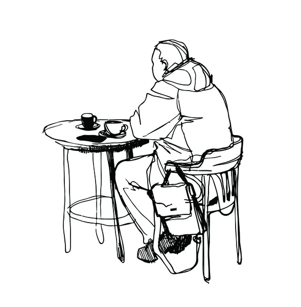 Boceto de un hombre en una mesa bebiendo café — Archivo Imágenes Vectoriales