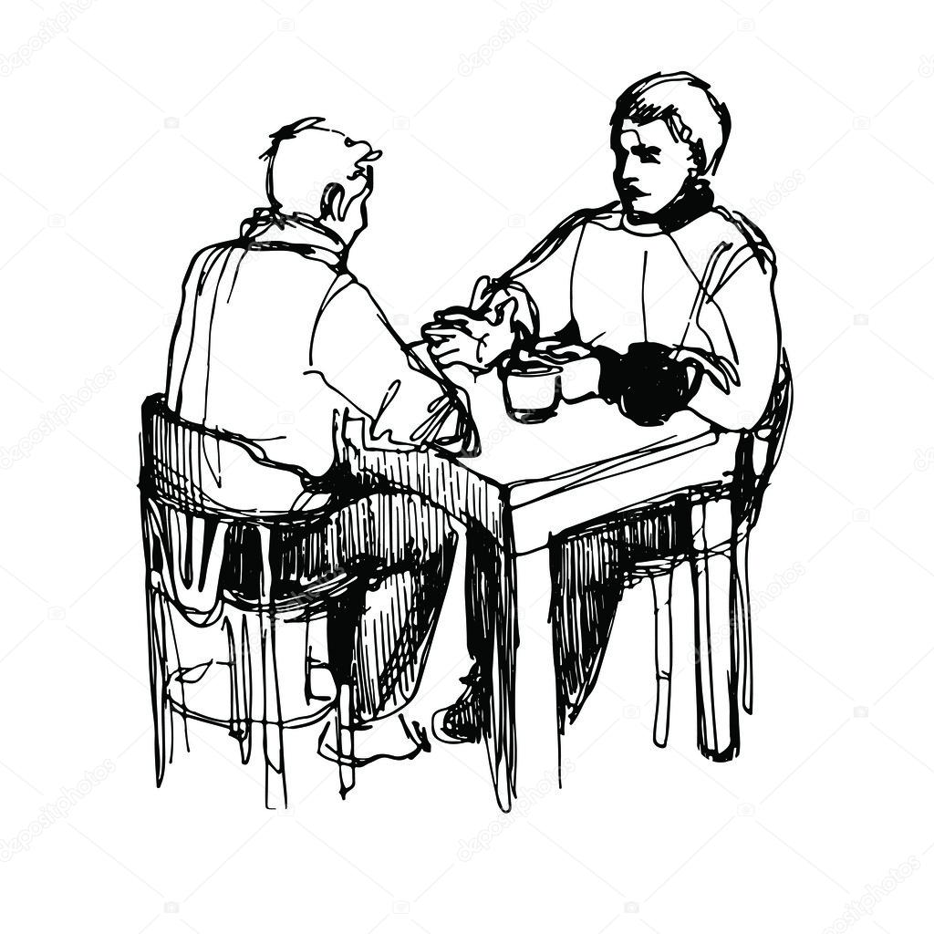a sketch of a man conversing over dinner at a table in a restaur
