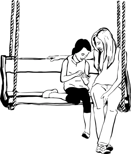 Sœur aînée à sa sœur cadette sur une balançoire en bois — Image vectorielle