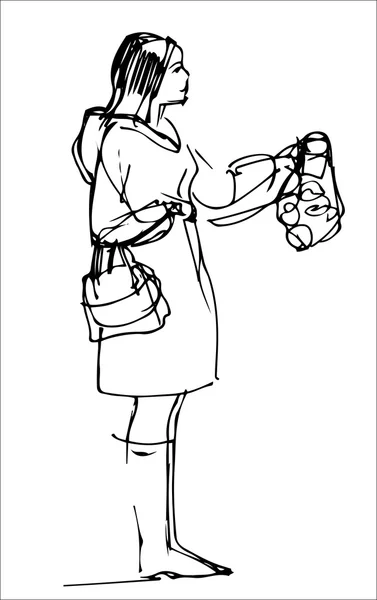 Sketch of a girl in a coat buys fruit — Stock Vector