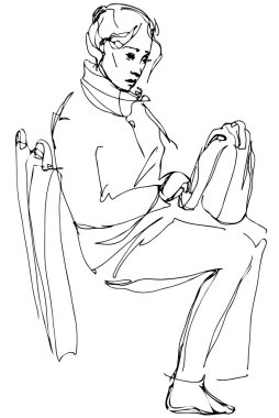 bir kadının otobüste oturan bir çanta ile kroki