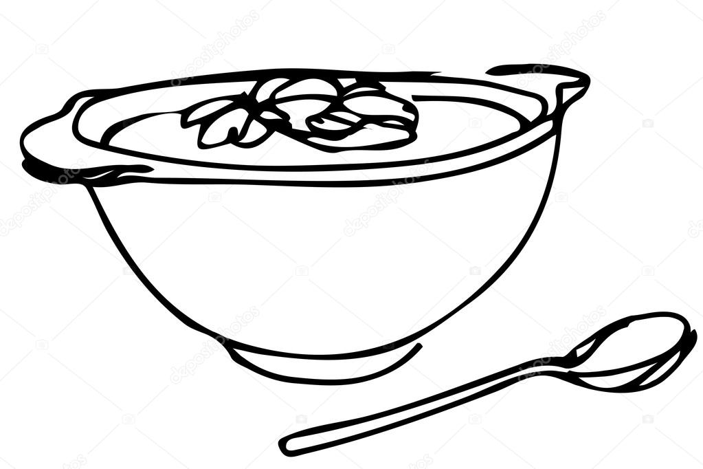 bowl of soup with herbs and spoon lying next