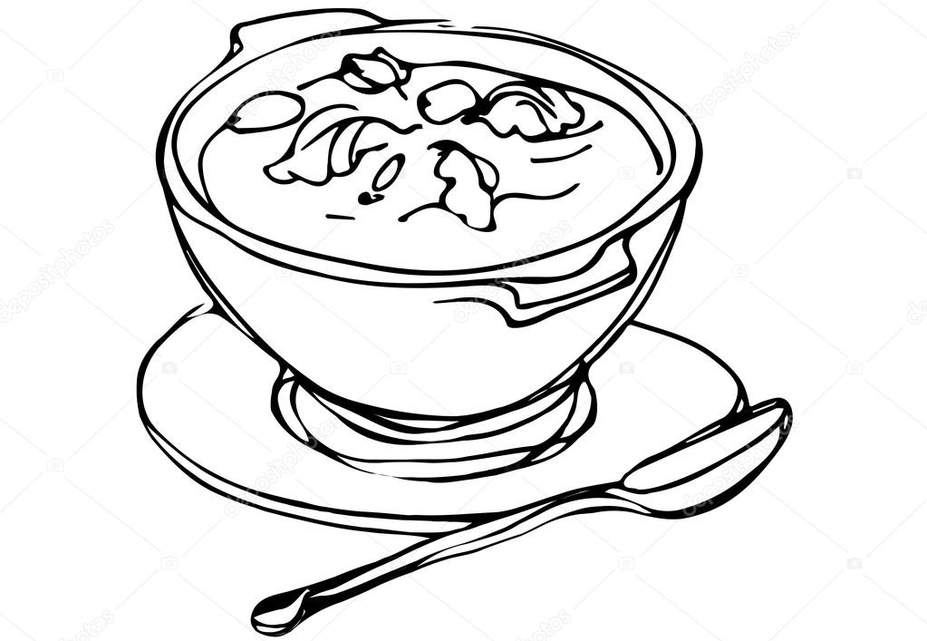 bowl of soup with herbs and spoon lying next