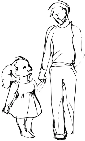 Croquis vectoriel Papa et fille marchant main — Image vectorielle