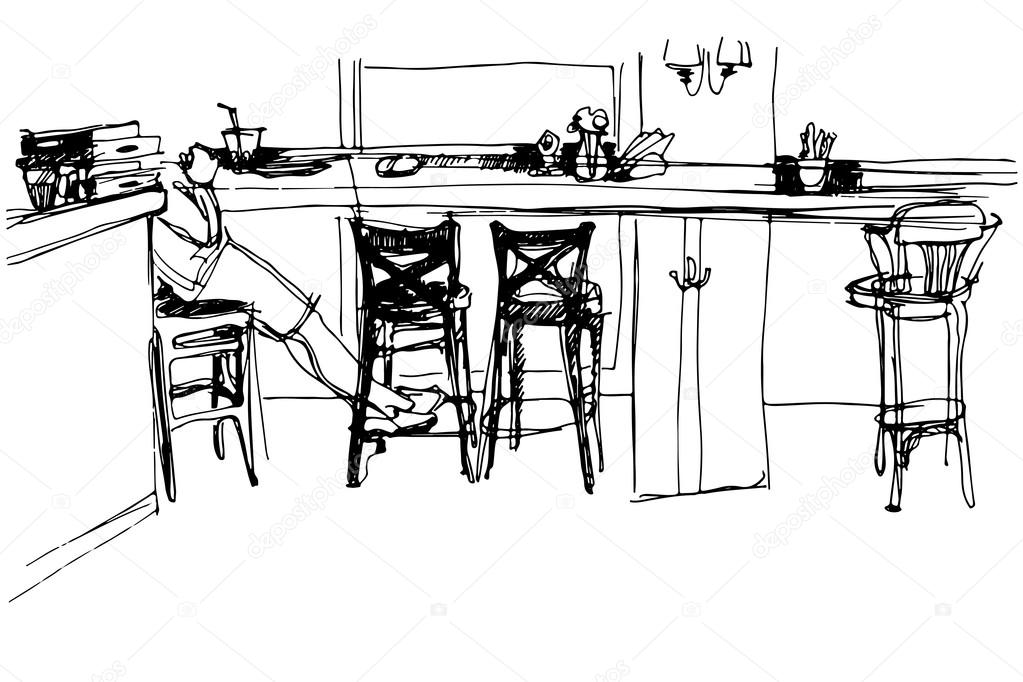 sketch of the room at the front of the bar