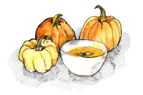 Acuarela de calabazas y sopa de calabaza — Foto de Stock