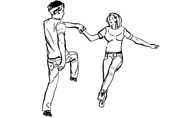 Boceto de un tipo con una chica bailando rock-n-roll — Vector de stock