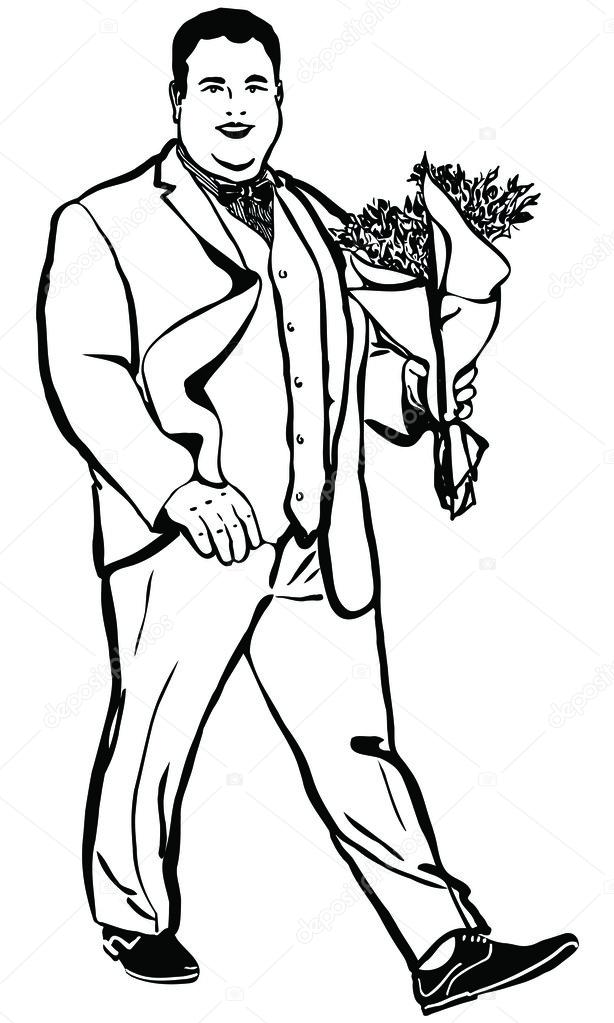  sketch of a fat man with a bouquet of flowers