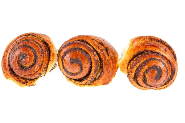 Three tasty rolls buns with poppy seeds on a white background — Stock Photo, Image