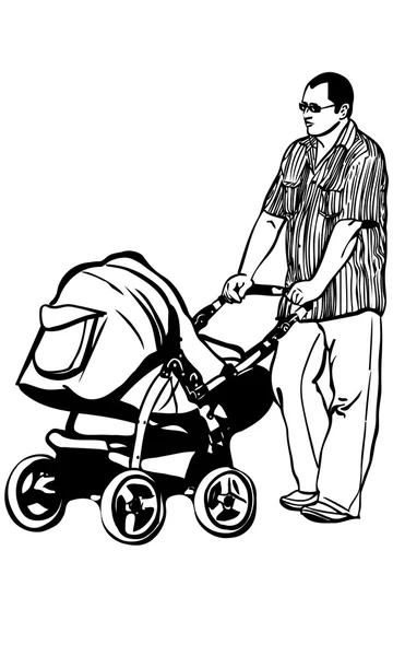 Sketch of a young dad walking with a pramb — Stock Vector