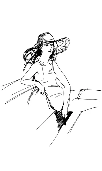 Dziewczyna w kostiumie kąpielowym i duży kapelusz na benchh — Wektor stockowy