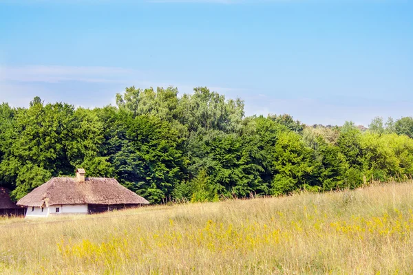 Landschap klei en houten hut rieten Oekraïens — Stockfoto