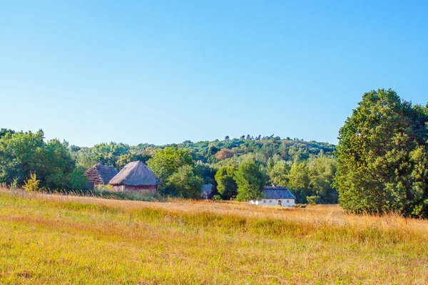 Landschap klei en houten hut rieten Oekraïens — Stockfoto