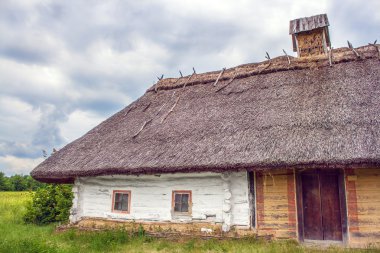 Ukraynalı kulübe thatched eğimli tarlada