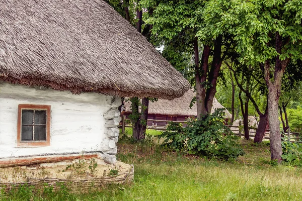 Landschap klei en houten hut rieten Oekraïens — Stockfoto