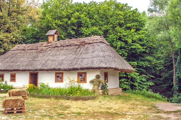 Landschap klei en houten hut rieten Oekraïens — Stockfoto