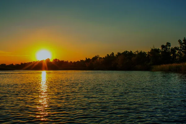 Coucher de soleil sur la grande rivière roseaux couverts de — Photo