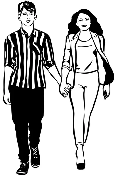 Sketch of man and woman walking hand in handm — Stock Vector