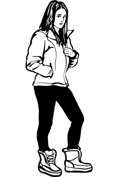 Croquis d'une fille en veste et bottes d'hiver — Image vectorielle