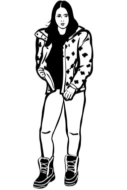 bir kız bir ceket ve kış Boots taslağını