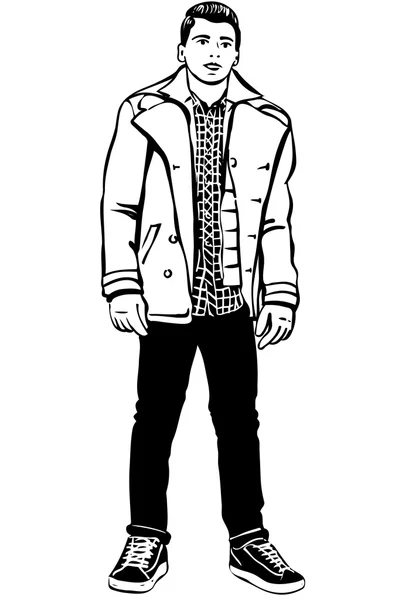 Boceto de un joven guapo con chaqueta — Vector de stock