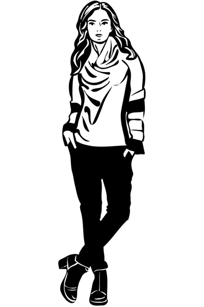 Ескіз красивої дівчини в светрі і чоботях — стоковий вектор
