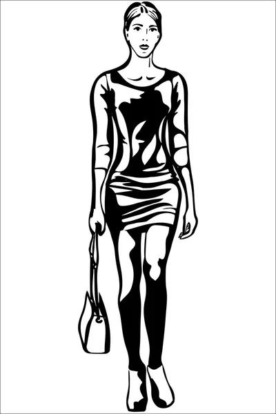 Boceto de una hermosa chica con un bolso de mano — Vector de stock