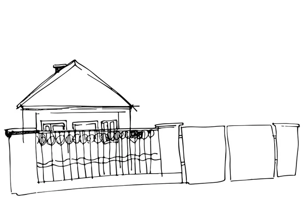 Vektorové skica domu za Železný plot s bránou — Stockový vektor