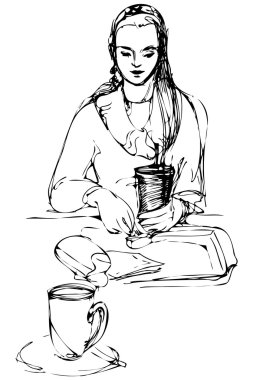 vektör çizim güzel kız bir kafede bir masada içme