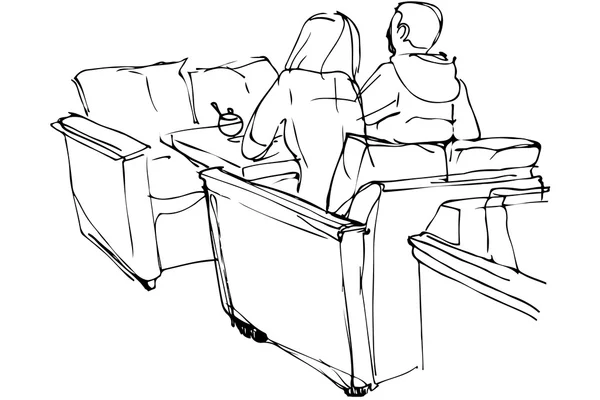 Διάνυσμα σκίτσο του άνδρα και γυναίκα να κάθεται σε έναν καναπέ σε ένα καφέ — Διανυσματικό Αρχείο