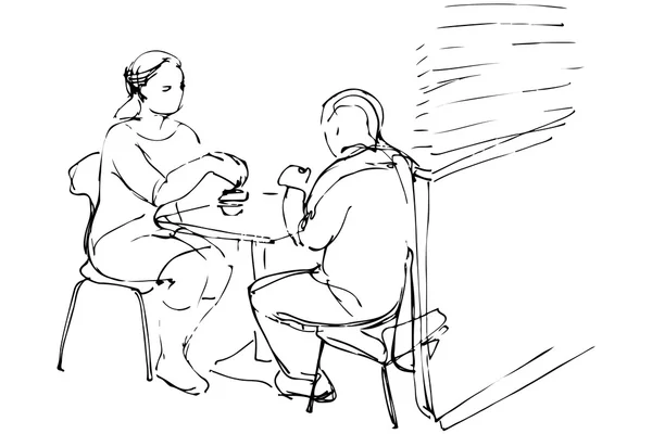 Croquis vectoriel de l'homme et de la femme à une table dans un café — Image vectorielle