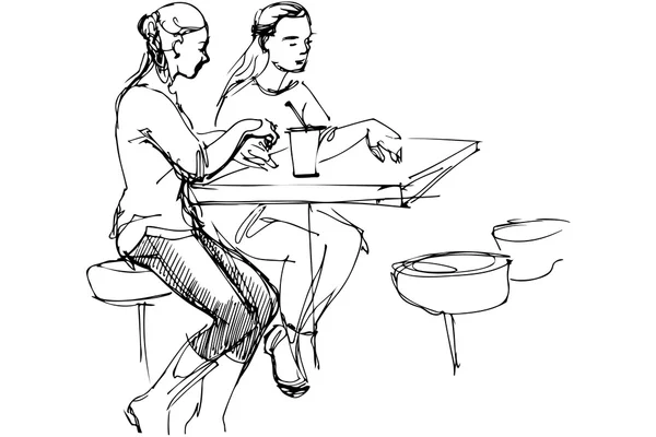 Векторний ескіз двох друзів за столом у кафе — стоковий вектор