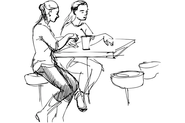 Vector sketch of two friends at a table in a cafe — Stock Vector