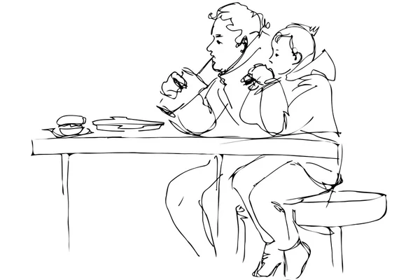 Vector sketch father and son at the table in a cafe — Stock Vector