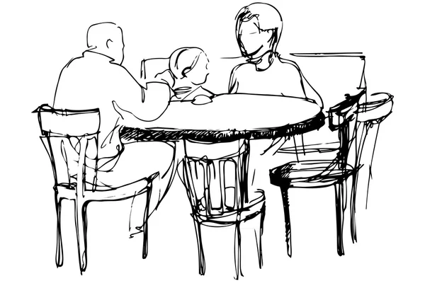 Croquis vectoriel du père et de la mère avec sa fille à une table — Image vectorielle