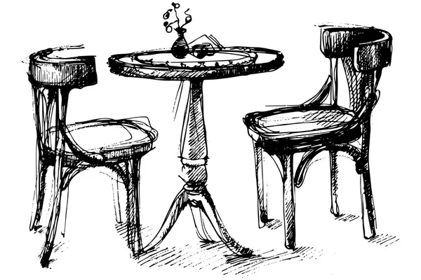 Boceto vectorial de una mesa redonda de madera y dos sillas en Viena — Vector de stock