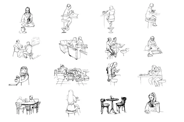 Vector set of sketches of people sitting in cafe — Stock Vector