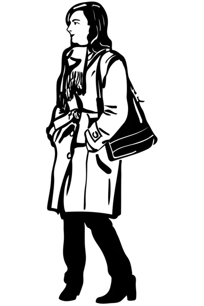 Schizzo vettoriale di una ragazza in cappotto con una borsa sulla spalla — Vettoriale Stock