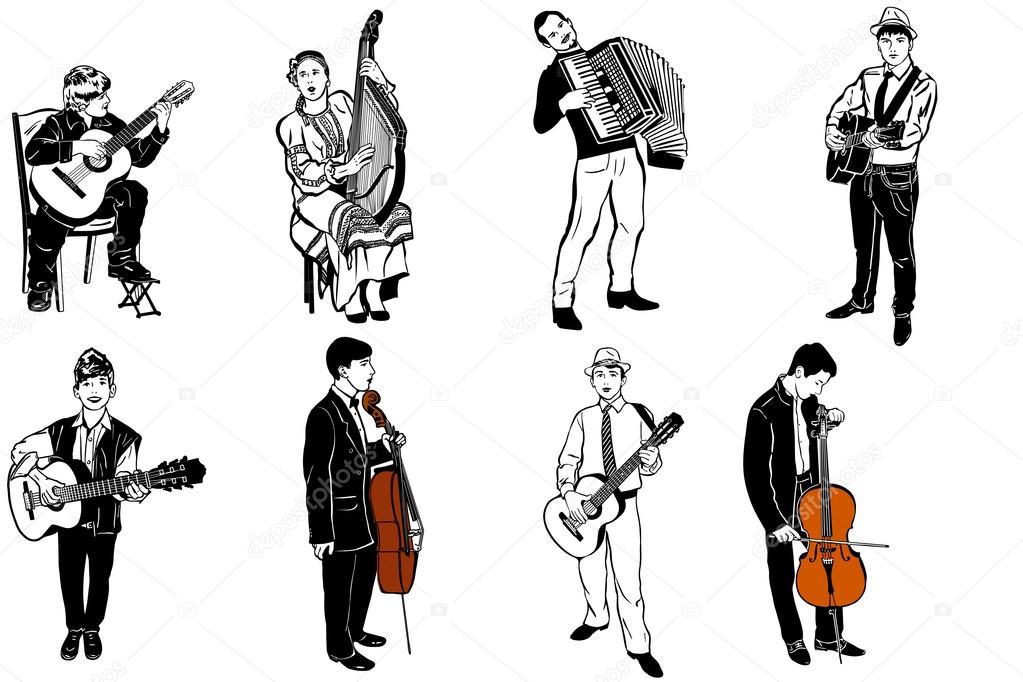 vector sketch of musicians playing various musical instruments