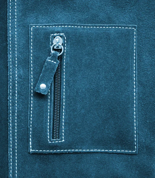 Pocket on blue leather texture as background — Stock Photo, Image