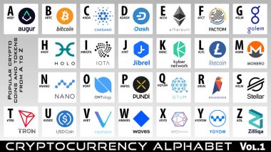 Cryptocurrency alphabet. Vol.1. Set of crypto coins and tokens logos from A to Z. Vector bitcoin and altcoins signs collection clipart