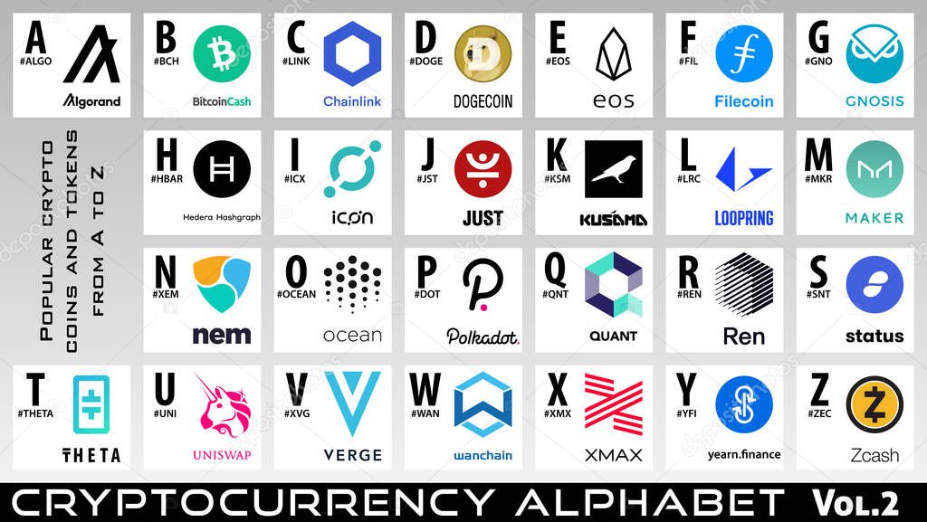 Cryptocurrency alphabet. Vol.2. Set of crypto coins and tokens logos from A to Z. Vector altcoins signs collection